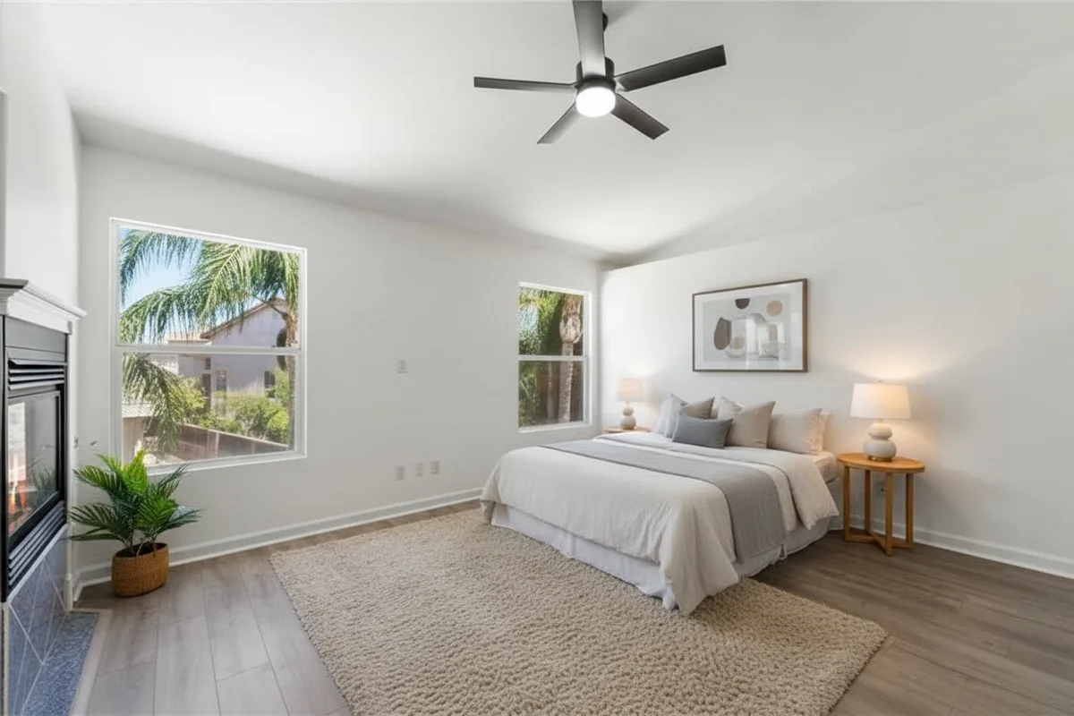 Calm bedroom with a made bed