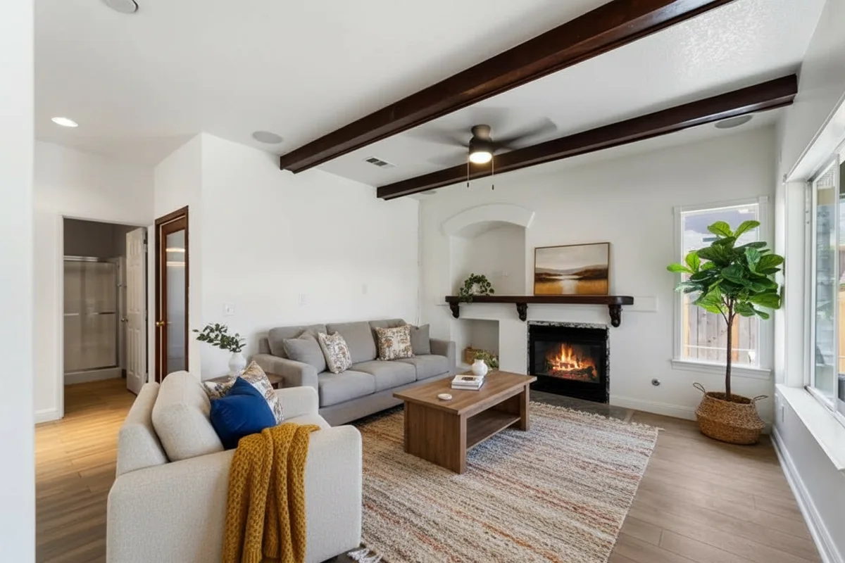 Sunlit living room with comfortable seating